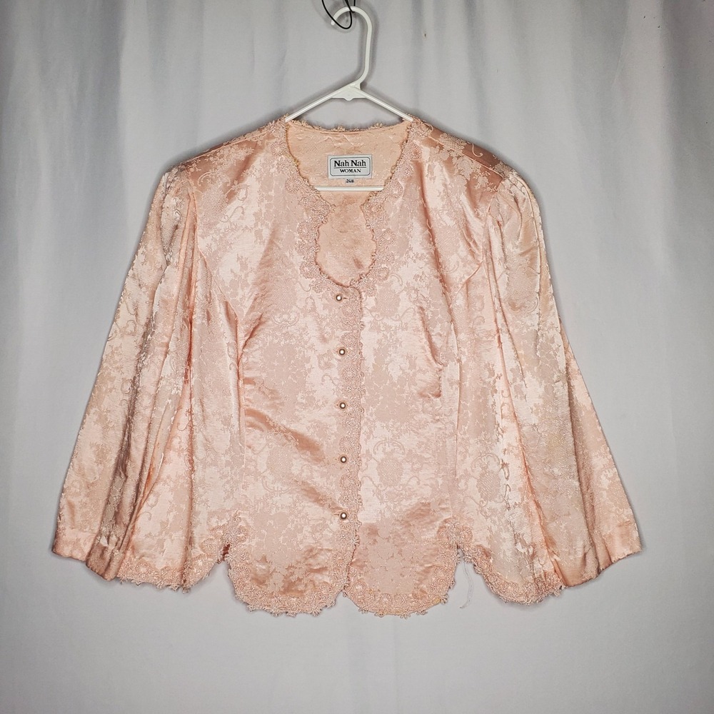 Nah Nah Romantic Dressy Jacket‎ Women 24W Vtg Pink Damask Floral 3/4 Lace Trim